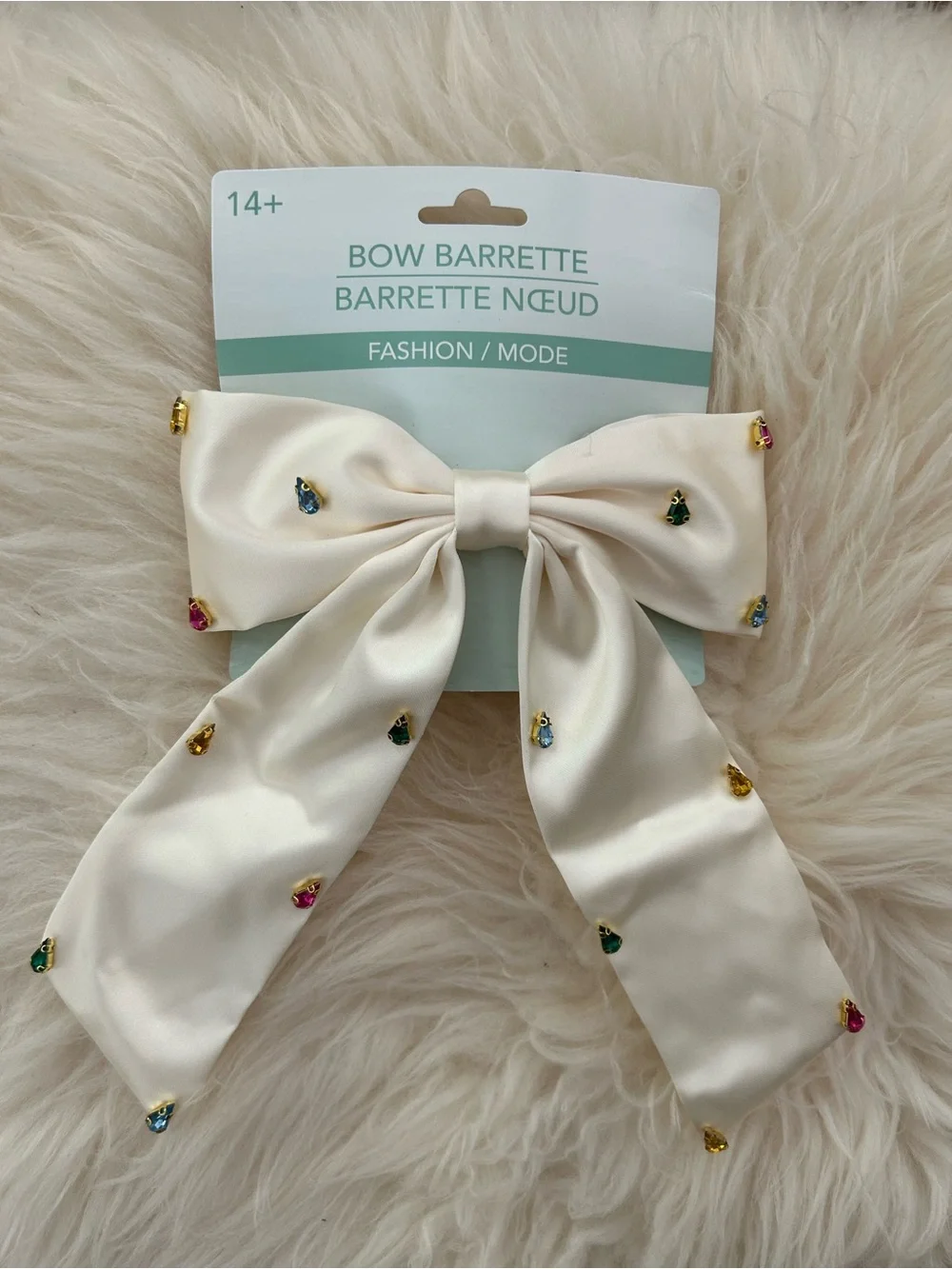 Glam Ivory Bow Barrette with Multicolored Gems